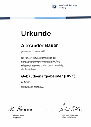 Urkunde Gebäudeenergieberater (HWK)